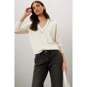 Sandro Paris Womens Cream V-Neck Polo Sweater Sequin Trim Size 4 L Large